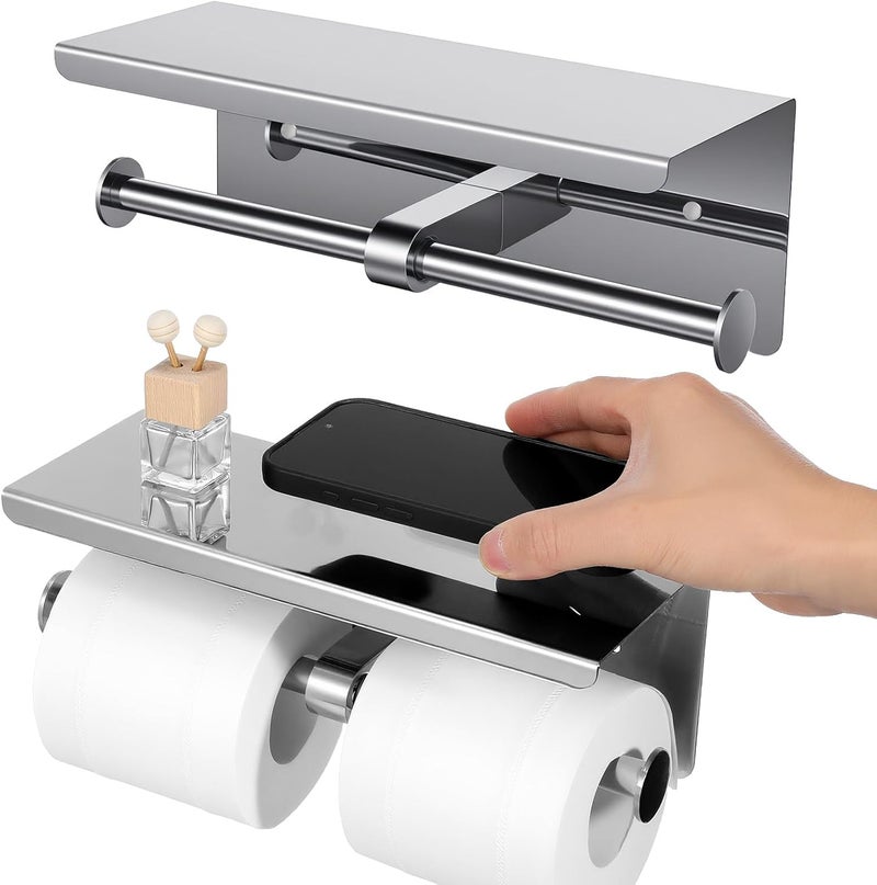 Tobeelec Double Roll Toilet Paper Holder with Shelf, 304 Stainless Steel Wall Mount Tissue Roll Holder for Bathroom, Commercial Toilet Paper Holder Toilet Tissue Dispensers with Phone Shelf (Silver) - Image 1